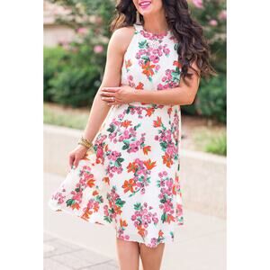 NWT Ann Taylor Pink Florals Midi Dress Size 8 with Bow Detail On Back